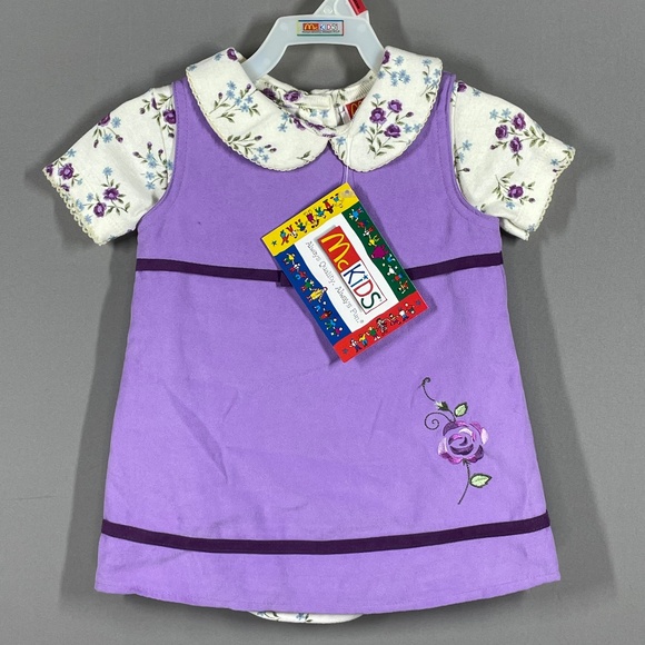 NEW Vintage McDonalds McKids Jumper Dress Set Girls 12 Months purple blue floral - Picture 1 of 12